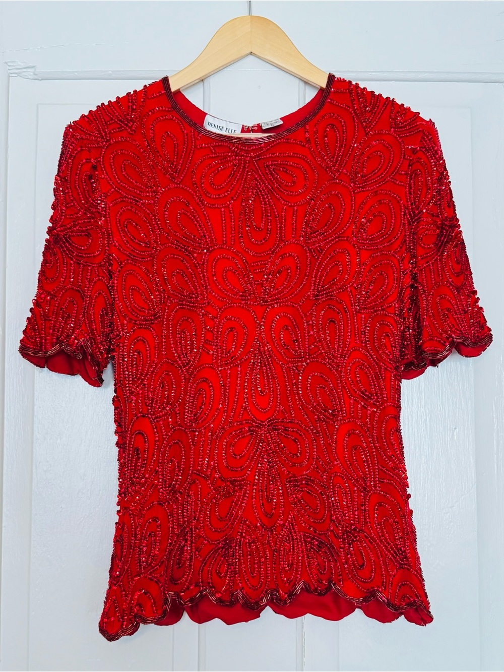 Vintage 1980s Red Silk Beaded Short Sleeve Blouse